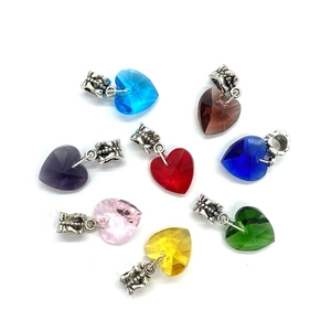 Multicolor heart-shaped crystal faceted pendants with vintage silver bail for DIY necklaces