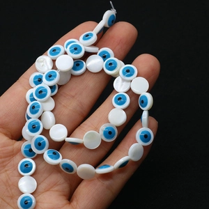 Flat round blue and white mother of pearl evil eye shell beads for jewelry making
