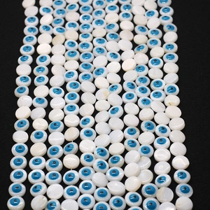 Flat round evil eye natural freshwater shell beads with blue oil drip for DIY jewelry making