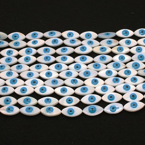 Marquise shell beads with evil eye pattern in iridescent white and blue for DIY jewelry