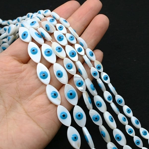 Natural shell marquise evil eye beads for DIY jewelry making with blue iris details