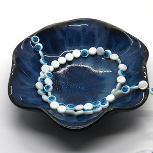 Perles rondes plates en nacre avec motif œil bleu pour création de bijoux DIY