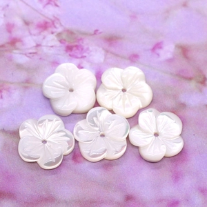 Makrodetail von fünf geschnitzten weißen Muschelblumenperlen mit irisierendem Glanz für DIY