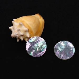 Zwei 30mm runde natürliche Perlmutt-Muschelscheiben mit irisierendem Glanz auf schwarzem Grund