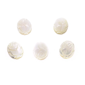 Five oval white mother of pearl shell beads with hand-carved rose flower pattern detail