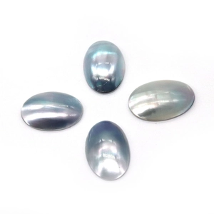 Set of four oval grey-blue iridescent natural sea shell cabochons with smooth finish