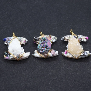Three natural crystal pendants with handmade wire wrap, pearls, and iridescent druzy details