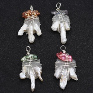 Baroque pearl resin pendants with wire wrap craftsmanship and assorted natural crystal shapes