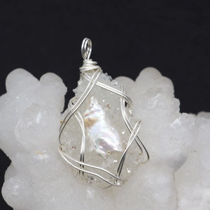 Baroque freshwater pearl and crystal resin wire-wrapped pendant with silver wire artistic design
