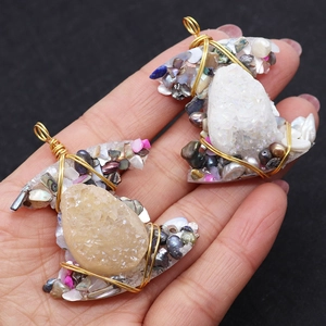 Handmade bohemian freshwater pearl and irregular crystal pendant with gold wire wrap