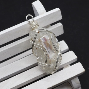 Handmade silver wire-wrapped pendant with natural freshwater pearl and white crystal druzy