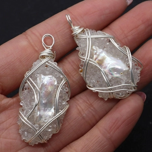 Handmade wire wrapped baroque pearl pendant with clear crystal cluster for jewelry making