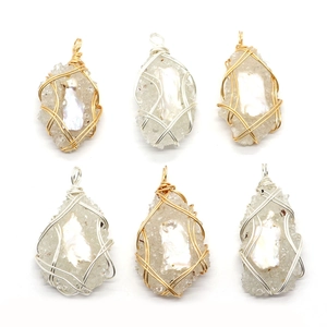 Handmade wire wrapped natural stone and baroque pearl pendants in gold and silver finish