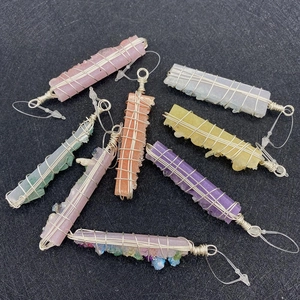 Detailed set of 8 natural crystal stone pendants with silver wire wrap craftsmanship