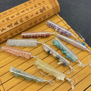 Handcrafted silver wire-wrapped natural crystal bar pendants in assorted gemstones