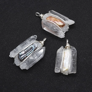 Natural crystal stone wire wrapped pendants with baroque pearls in various colors