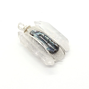 Handcrafted silver wire-wrapped pendant with natural freshwater pearl and clear crystals