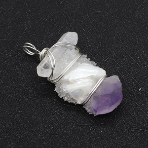 Détail d'un pendentif en cristal naturel avec perle et améthyste enveloppé de fil argent