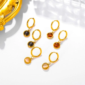 Vintage 18k gold plated cat eye stone hoop earrings set with emerald green and amber pendants