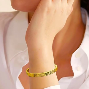 18K Gold Plated Stainless Steel Bangle For Women Vintage Greek Key Pattern Hollow Out Meander Design Bracelet Jewelry Gift