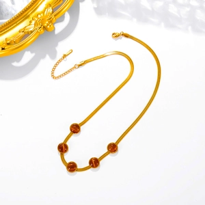 Vintage 18k gold plated snake chain necklace with emerald cat eye stone beads for women