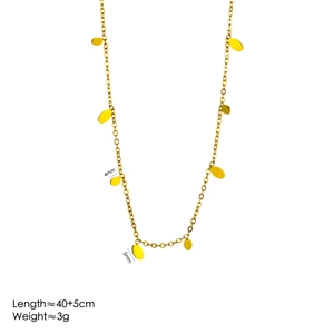Close-up of 18k gold plated sequin necklace showing 4mm x 5mm oval pendant dimensions