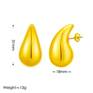 Polished gold teardrop earrings with black groove, size 31mm by 18mm, weight 13g