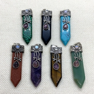 Sword-shaped natural stone pendants with vintage silver flower caps in 7 varied colors