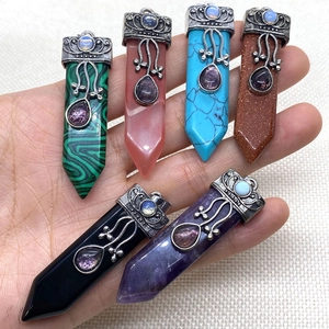 Set of six hexagonal crystal point pendants with antique metal caps and teardrop gems