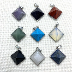 Set of 9 pyramid natural stone pendants in amethyst, opal and quartz with silver bails