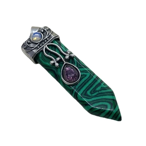 Sword-shaped malachite pendant with amethyst detail and silver floral engraving