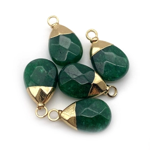 Set of five faceted teardrop green gemstone pendants with golden metal bails