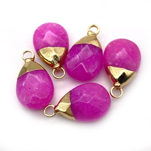 Set of five faceted rose pink drop stone pendants with gold metal caps for jewelry