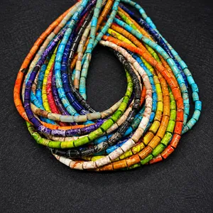 Macro shot of 4x8mm multicolor cylinder tube beads made from natural jasper and turquoise