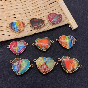 Set of 9 heart-shaped natural stone connectors with gold edges for DIY jewelry making