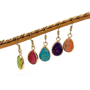 Waterdrop-shaped natural stone earrings with gold hooks in five vibrant bohemian colors