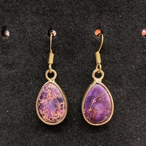 Purple turquoise teardrop earrings with gold bezel hooks and natural stone texture