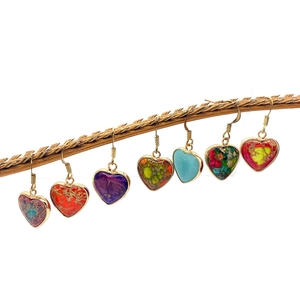 Handmade 16mm heart-shaped natural stone earrings with gold frames in various colors