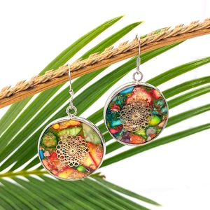 Bohemian style multi-color natural stone drop earrings with golden mandala floral accent