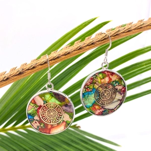 Ethnic style round natural stone earrings with silver hooks and colorful mosaic stone inlay