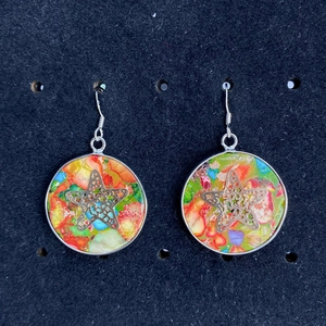 Bohemian silver drop earrings with colorful stone mosaic and hollow star pendant charm