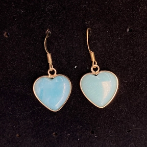 Light blue heart-shaped natural stone earrings with gold plated edges and hook
