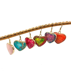 Set of heart-shaped natural stone earrings in six vibrant colors with gold plated edges