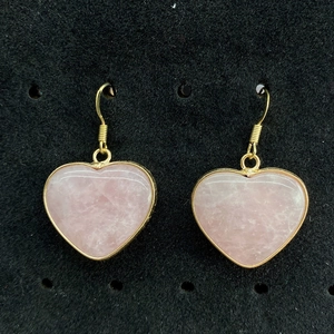 Pink heart-shaped natural stone earrings with gold-plated trim and hook-shaped dangle wires