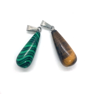 Malachite and tiger eye stone teardrop pendants with silver metal bails for necklaces