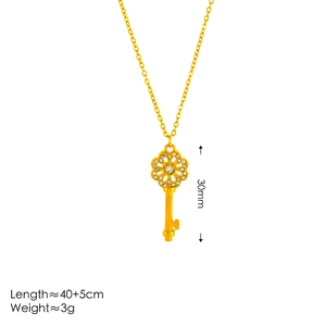 18k gold plated key pendant necklace with diamond flower head and adjustable chain