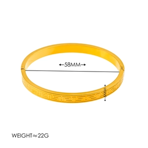 Detail of 6mm gold Greek key bangle with 58mm inner diameter and hinge clasp