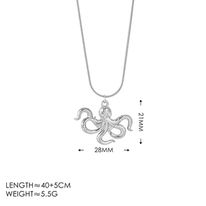 Silver octopus pendant necklace with snake chain and size details on white background