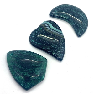 Deep green dragon vein agate stone pendants in crescent, shield and triangle shapes