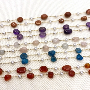 Golden stainless steel chain with oval natural stones and ABS pearls for DIY jewelry